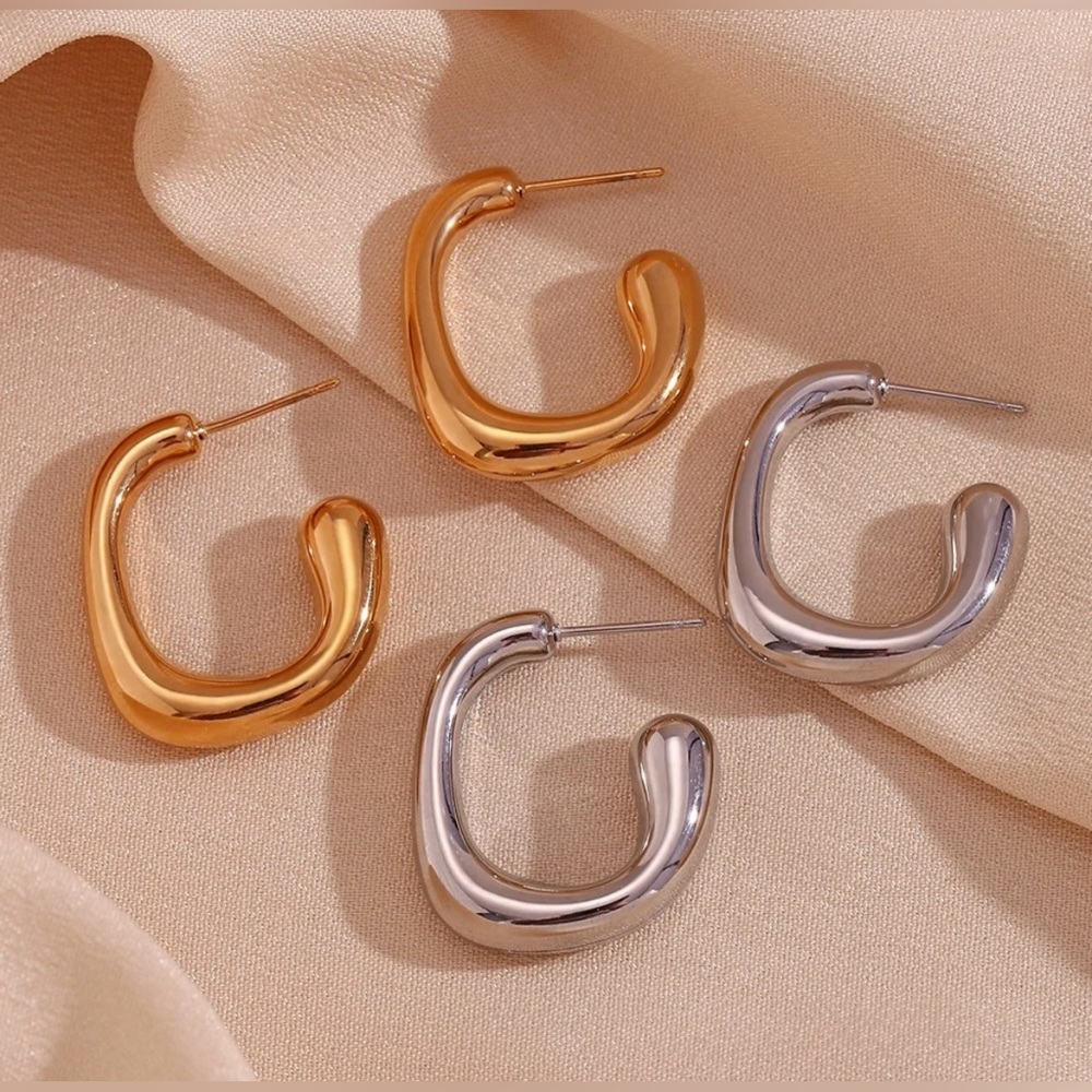 Silver dangle hoop earrings hypoallergenic chunky  earrings